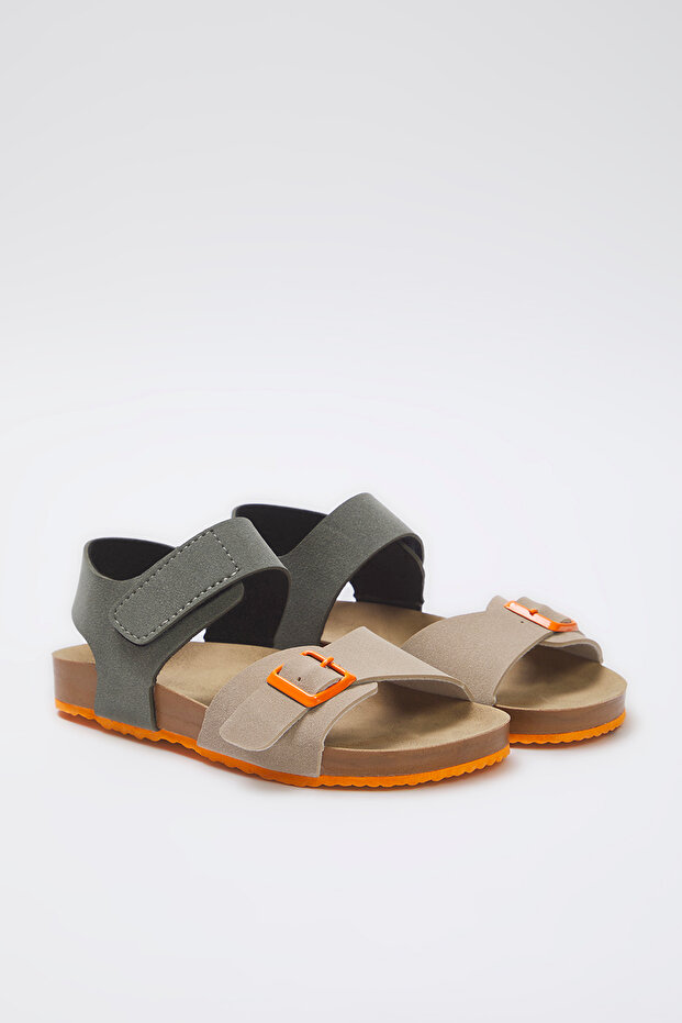 Bej Nubuk Renk Bloklu Cırt Bantlı Unisex Küçük Çocuk Kids Sandalet TAKSS25SD00057 - 1