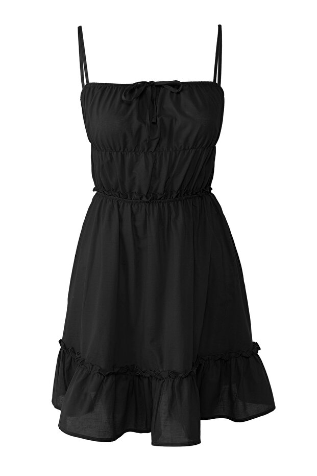 Siyah Dokuma Volanlı %100 Pamuk Plaj Mini Elbise TBESS25EL00120 - 5