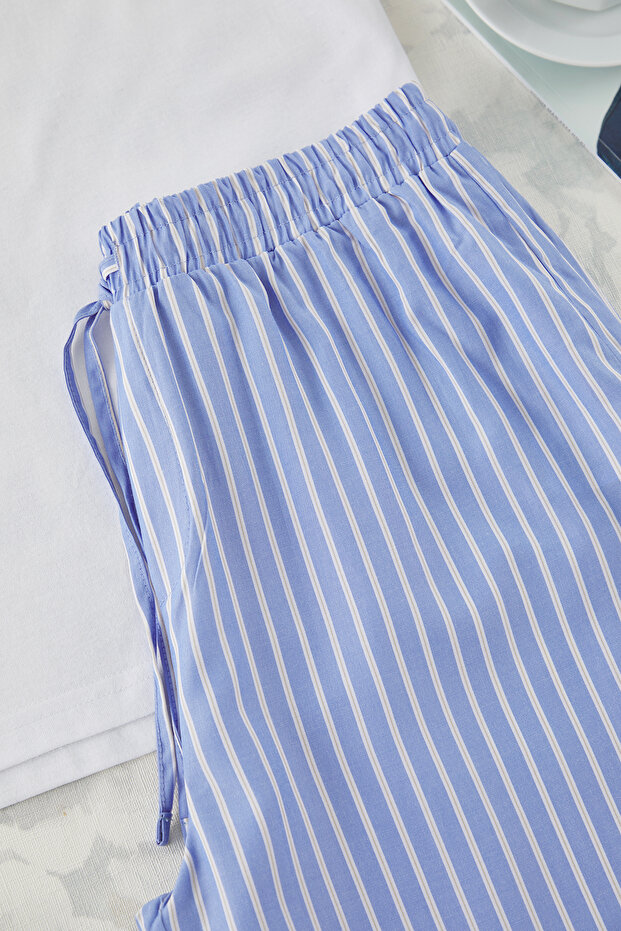 Ekru - Mavi Regular Fit Üst Örme Alt Dokuma Pijama Takımı TMNSS25PT00057 - 4