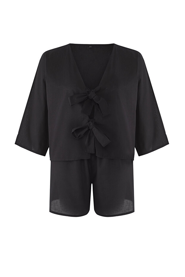 Siyah Bağlama Detaylı Beachwear Büyük Beden Alt-Üst Takım TBBSS25CP00001 - 6