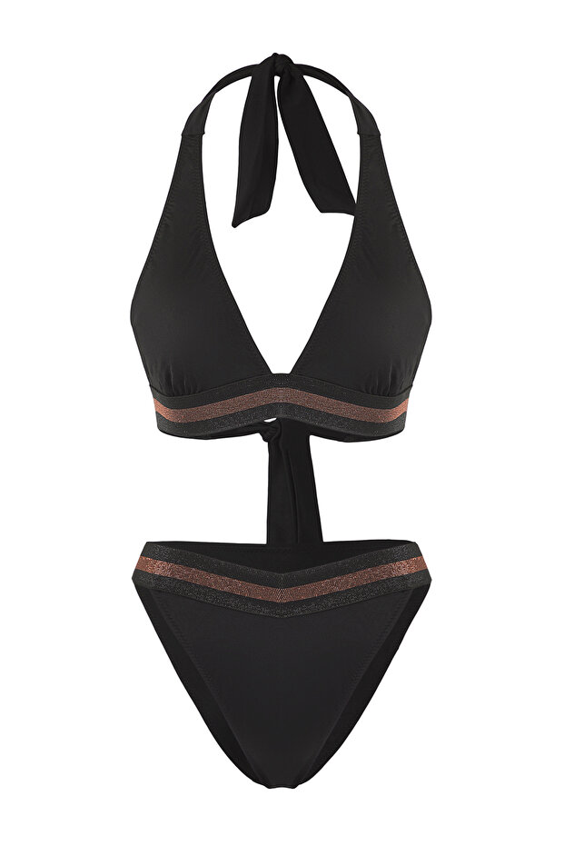 Siyah Şeritli Üçgen Kaplı Regular Normal Bel Bikini Takımı TBESS25BT00172 - 5