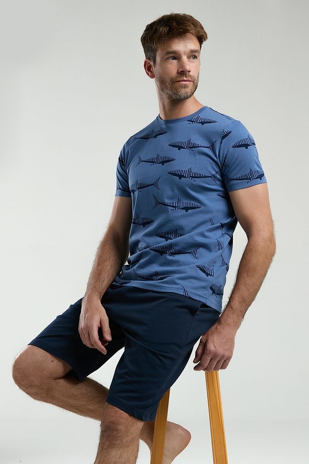 Erkek Mavi Shark Desenli Kısa Kol Şort Pijama Takımı (Baba-Oğul Takım Yapılabilir) - 2