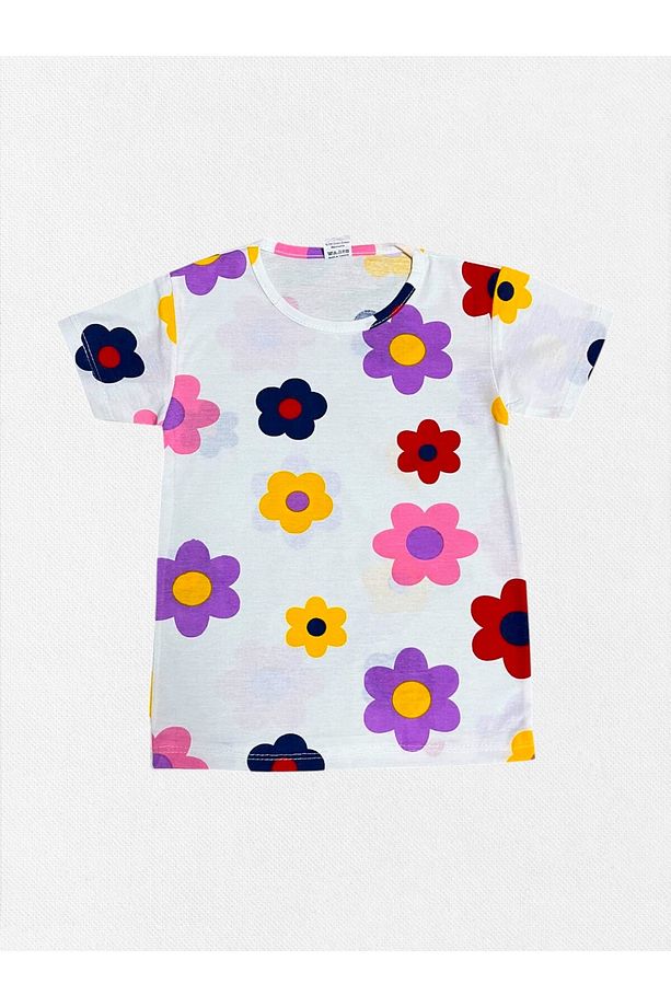 Kız Çocuk %100 Pamuklu Beyaz Çiçekler Desenli Kısa Kollu Fırfırlı Şortlu Yazlık Pijama Takımı - 3