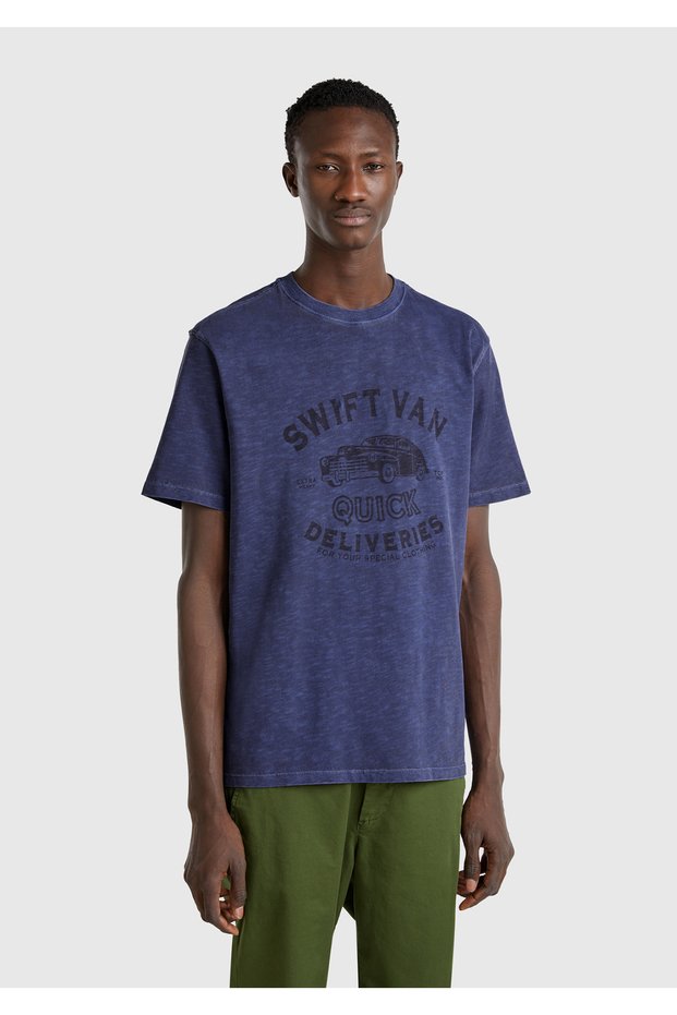 Men's Indigo 100% Cotton Frayed Effect Front Printed Relax Fit T-Shirt