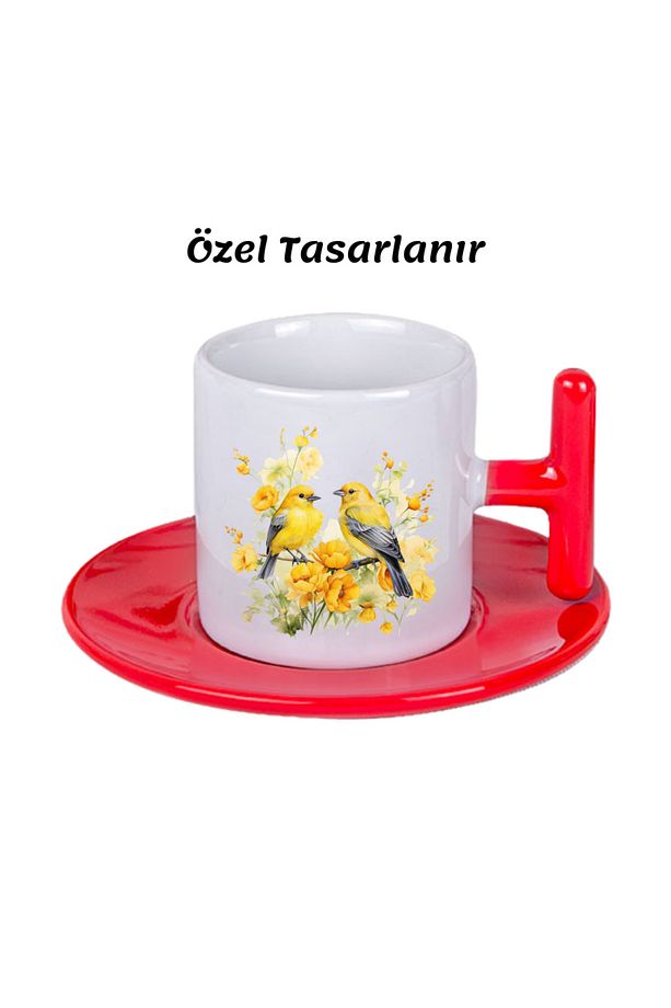 Kuş Temalı Porselen T Kulp Türk Kahvesi Fincanı - 2