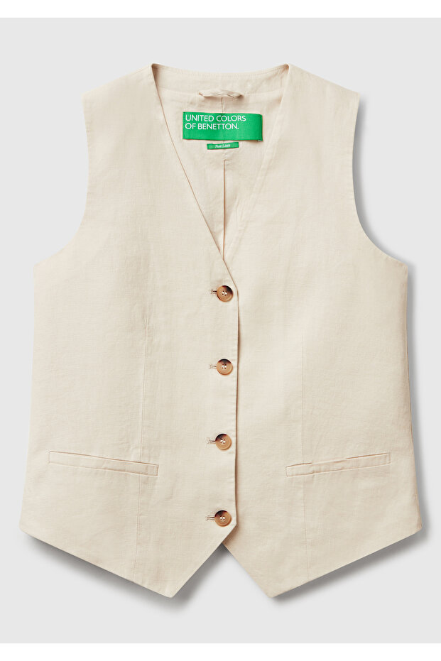 Women's Stone Color 100% Linen Front Button Buttonhole V-Neck Vest
