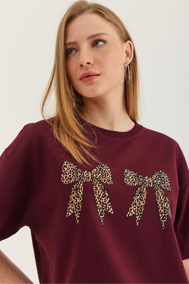 Kurdele Baskı Detaylı Basic T-Shirt Bordo - 5