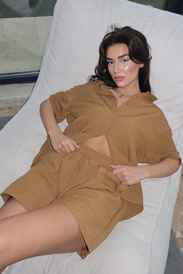 Camel Basic Kadın Şort Gömlek Takım Mg2361 - 3