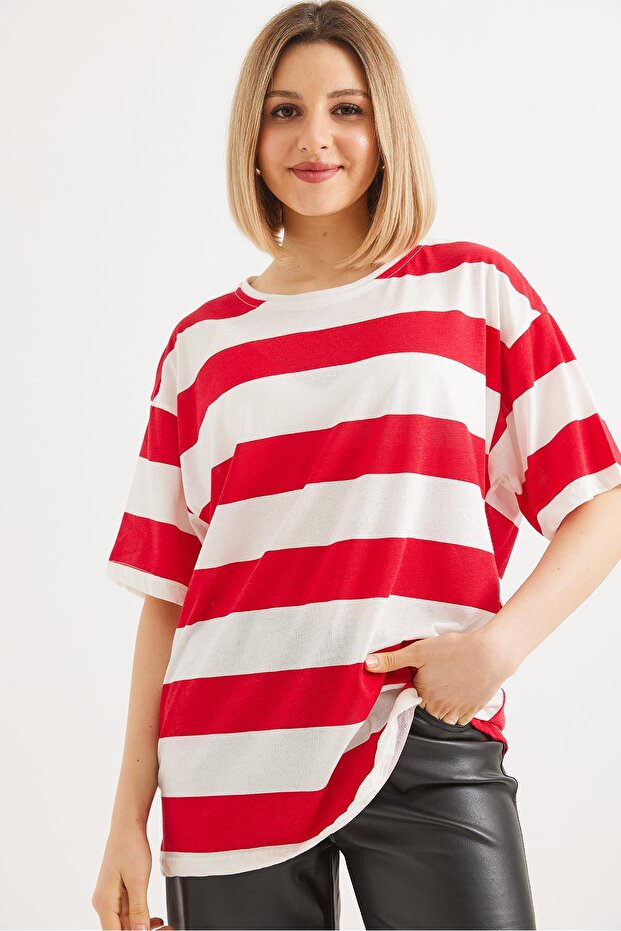 Crew Neck Striped Basic Tshirt Red