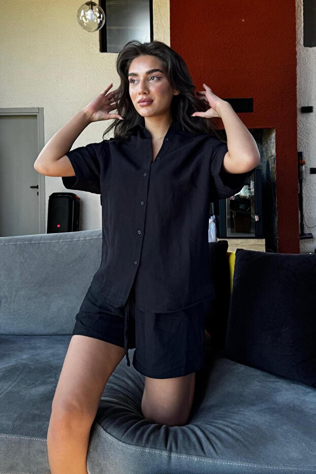 Siyah Basic Kadın Şort Gömlek Takım Mg2361 - 5