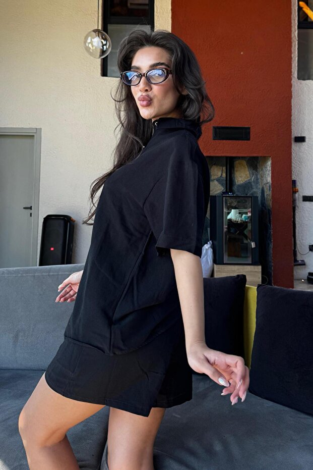 Siyah Basic Kadın Şort Gömlek Takım Mg2361 - 2