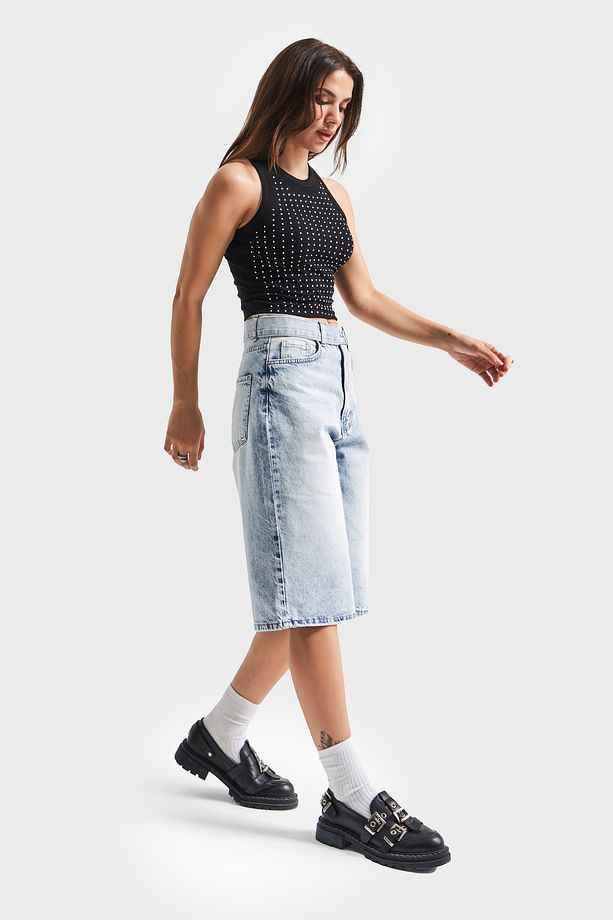 Kadın Snow Kot Rengi 4S5-3 Maxi Boy Kemer Detaylı %100 Koton Yüksek Bel Uzun Denim Şort Bermuda - 4
