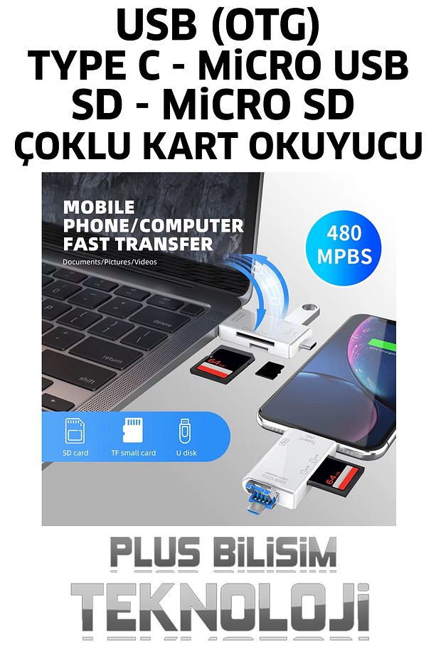 Type C, Micro USB, USB, Otg 6 in 1 Kart Okuyucu Adaptör Usb Otg Hub Type C Çoklu Plus Bilişim - 5