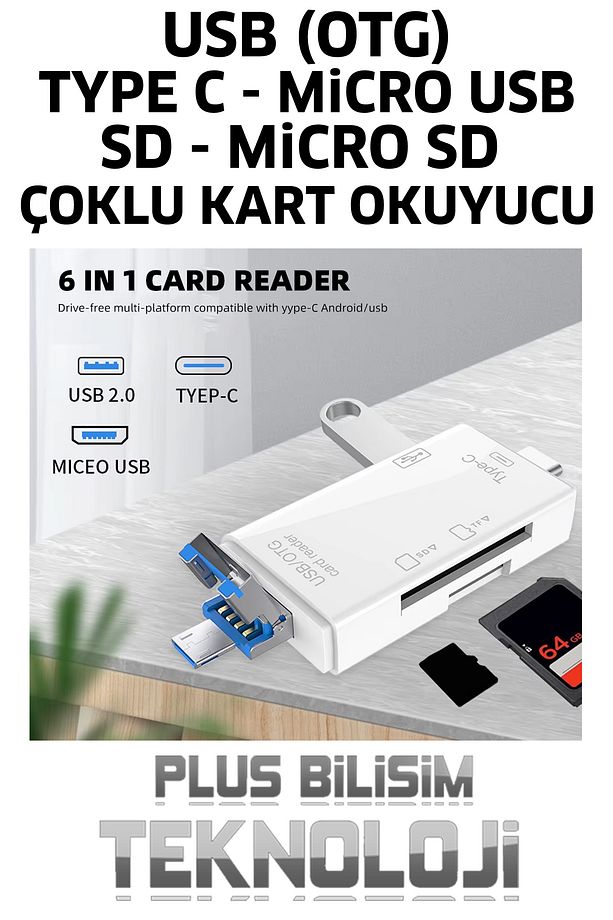 Type C, Micro USB, USB, Otg 6 in 1 Kart Okuyucu Adaptör Usb Otg Hub Type C Çoklu Plus Bilişim - 8