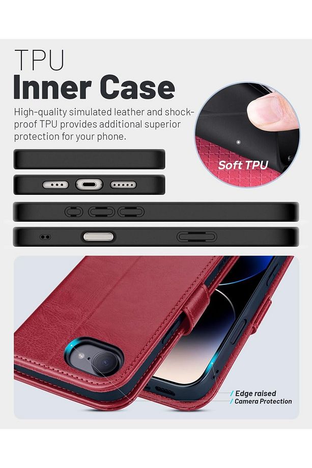 Apple iPhone 16e Kılıf 360 Tam Kaplar Deri Dokulu Kapaklı Cüzdan Standlı Kartvizitli Kopçalı Kapak - 3