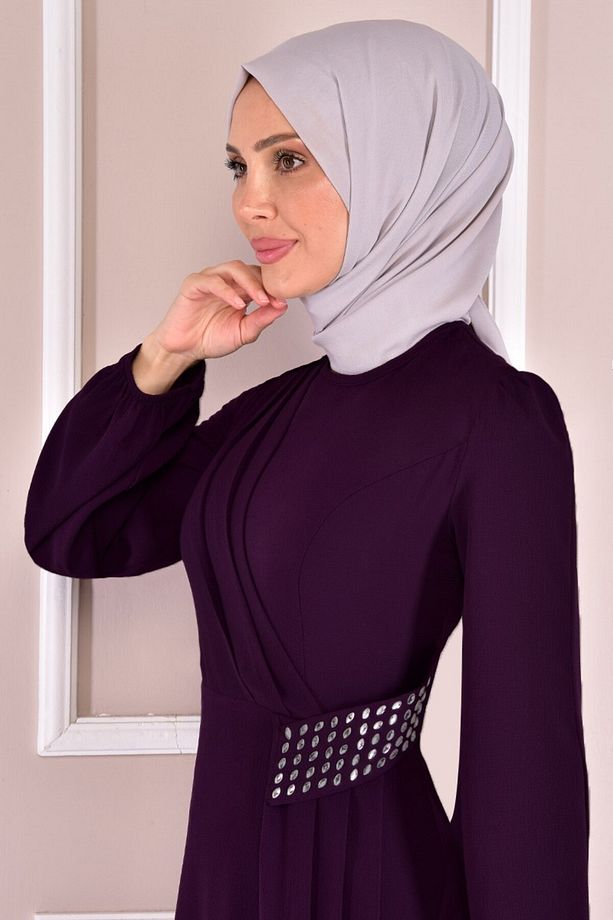 Taş Detay Elbise Mürdüm Asm2507 - 4