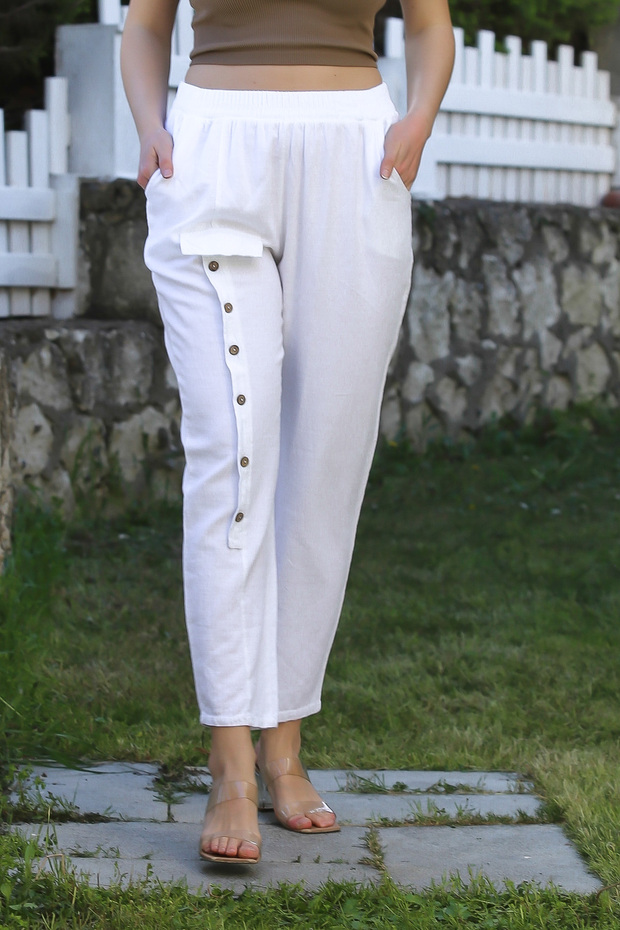 White Pocketed Washable Elastic Waist Jogger Leg Casual Linen Blend Woven Trousers 104 62