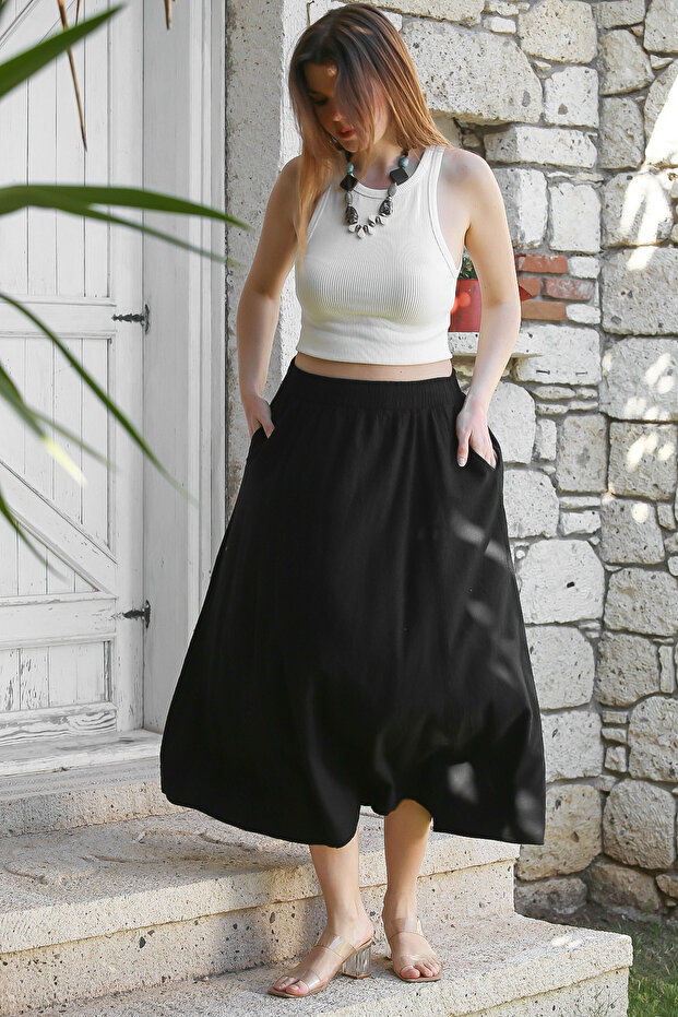 Black Hidden Pocket Washed Elastic Waist Casual Midi Length Woven Skirt 90 66