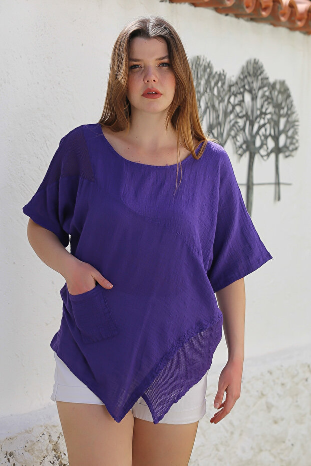 Purple Pool Collar Pocket Mesh Detailed Washed Casual Asymmetrical Woven Blouse 70 65