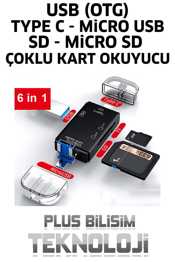 Type C, Micro USB, USB, Otg 6 in 1 Kart Okuyucu Adaptör Usb Otg Hub Type C Çoklu Plus Bilişim - 7