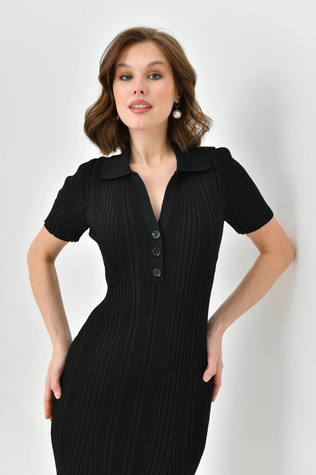Polo Neck Button Detailed Long Knitwear Dress