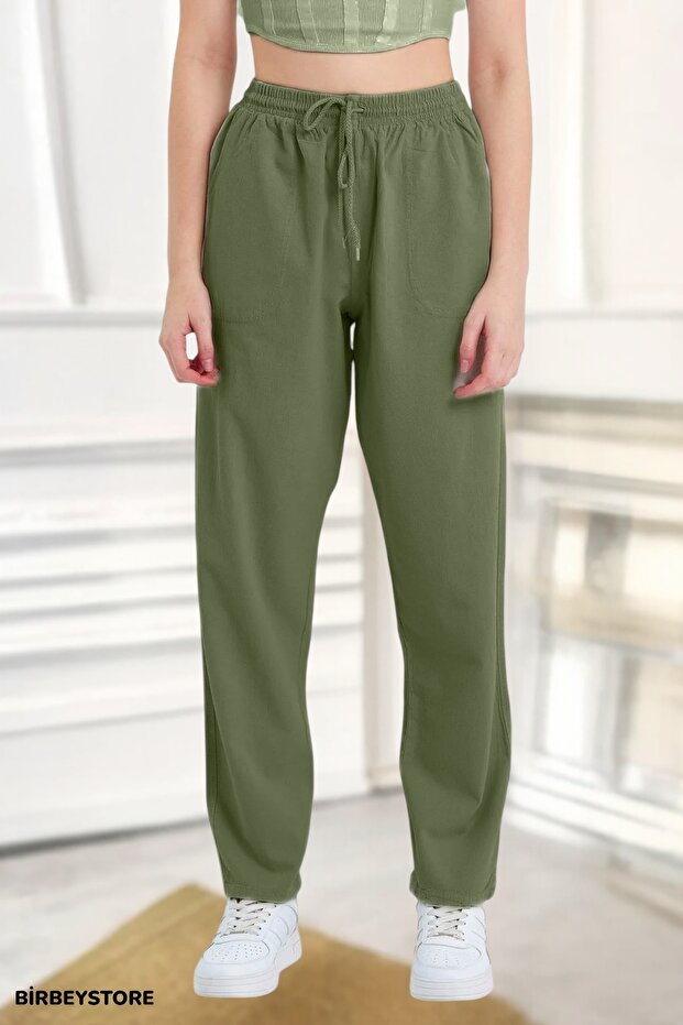 Linen Trousers Hambez Bottom Sweatpants Comfortable Fit Large Size Raw Linen Unisex Relaxed Size Range M-6Xl (Khaki)