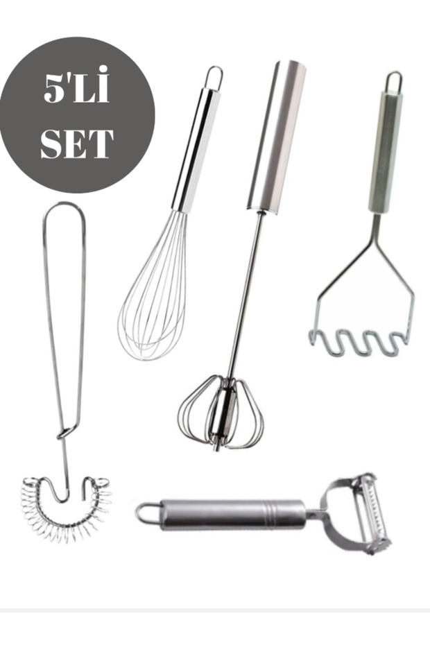 5-Piece Stainless Steel Kitchen Utensil Set; Peeler, Potato Masher, Whisk Set