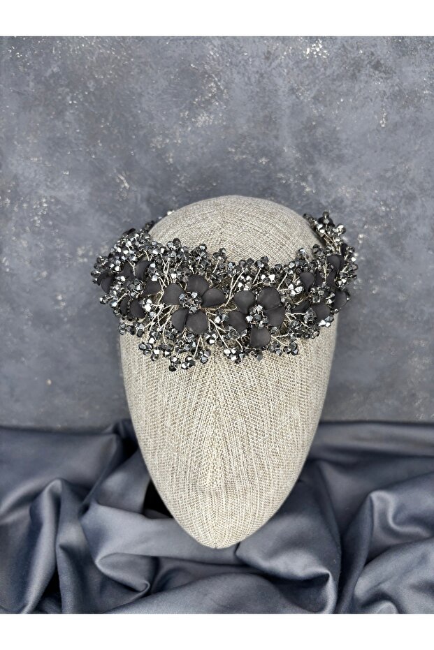 Nileda Model Crystal Beaded Henna Crown Stylish Bridal Hair Accessory Anthracite Color