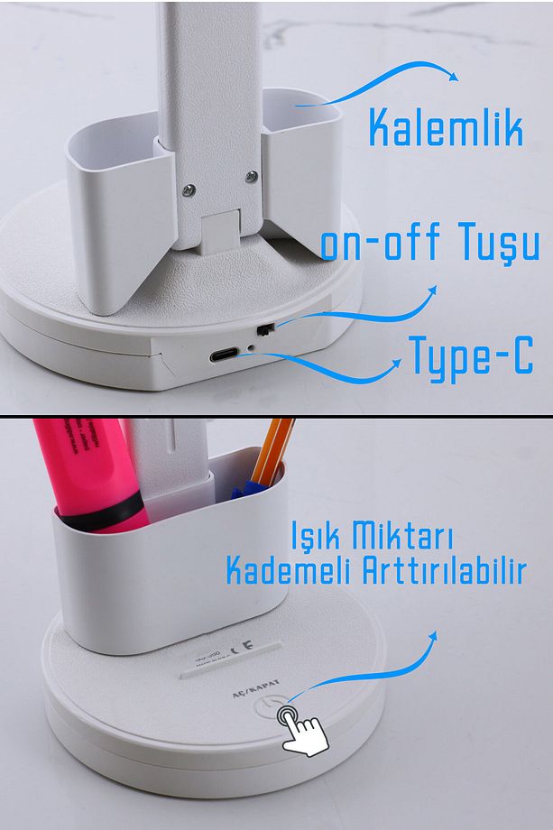 Şarjlı Dokunmatik 3 Renk Kademeli Işık Ledli Çift Kanat Masa Üstü Lambası 15w Ders Çalışma Işığı - 7