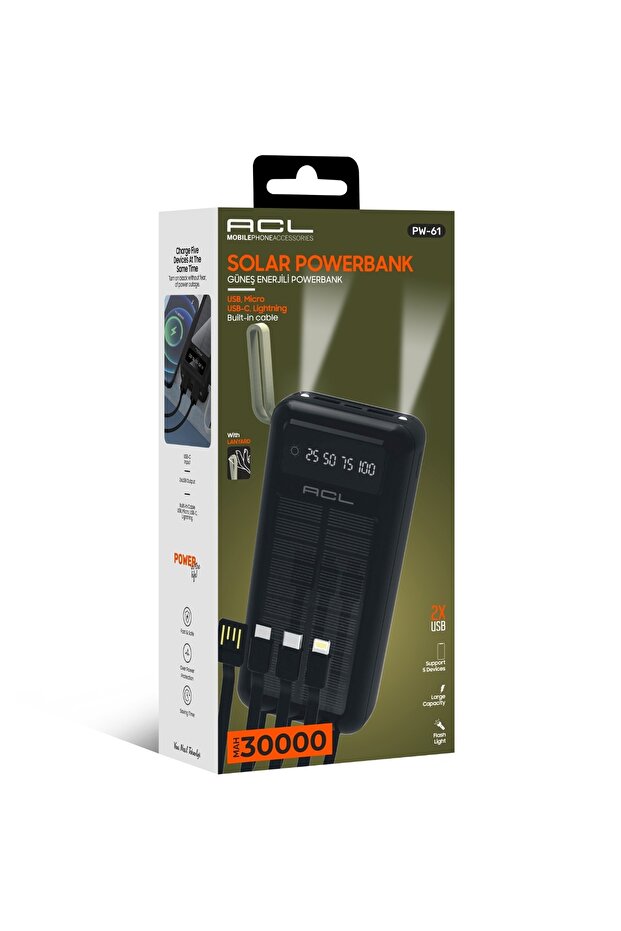 Pw-61 Led Işıklı Usb Mikro Type-c Lighning Kablolu 2xusb 30000mah Lcd Powerbank - 5