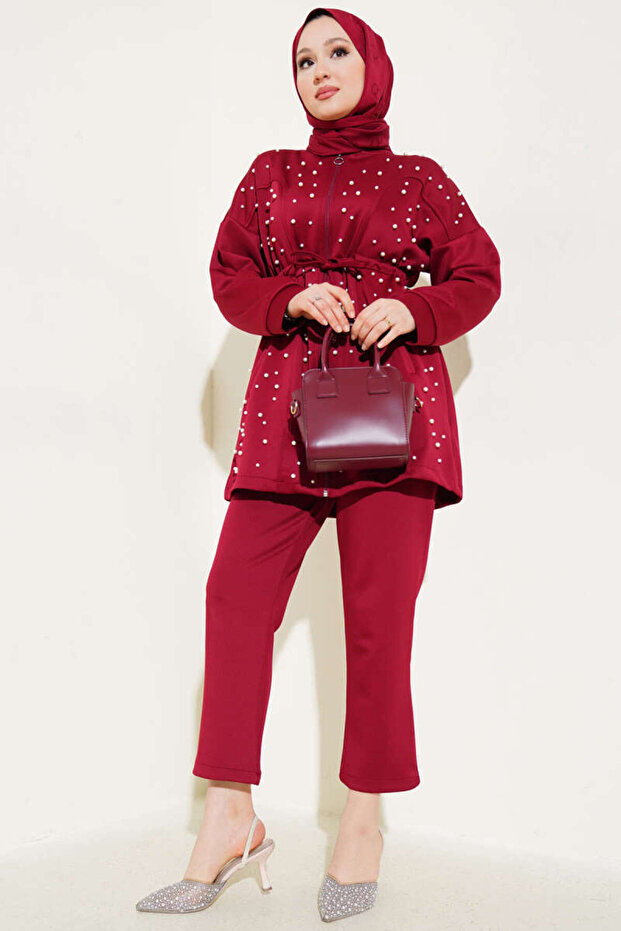 Women's Pearl-Embellished Scuba Two-Piece Set