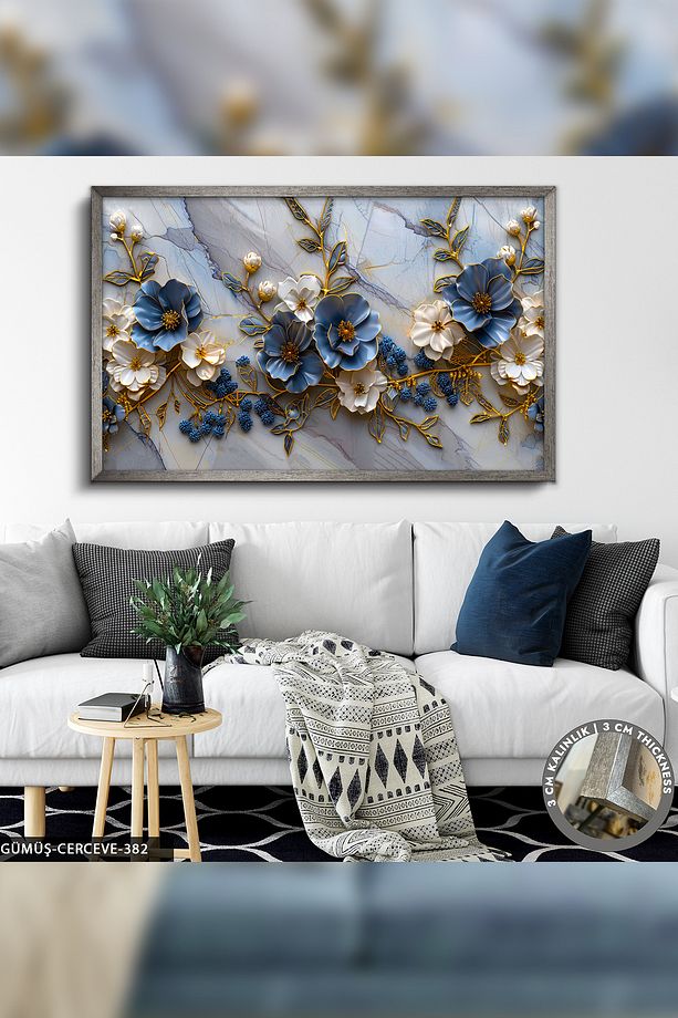 Mavi Beyaz Çiçekler Tek Parça Gümüş Çerçeveli Kanvas - Canvas Tablo - 2