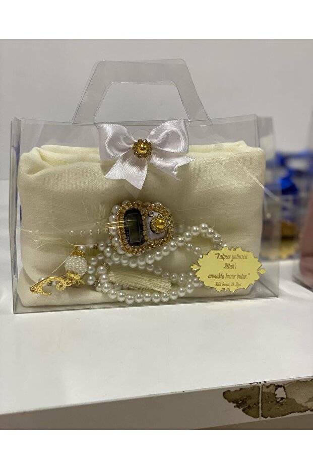Pack of 10 Women's Umrah, Hajj Gift Set, Cheesecloth, Pearl Prayer Beads, Stoned Zikrmatik