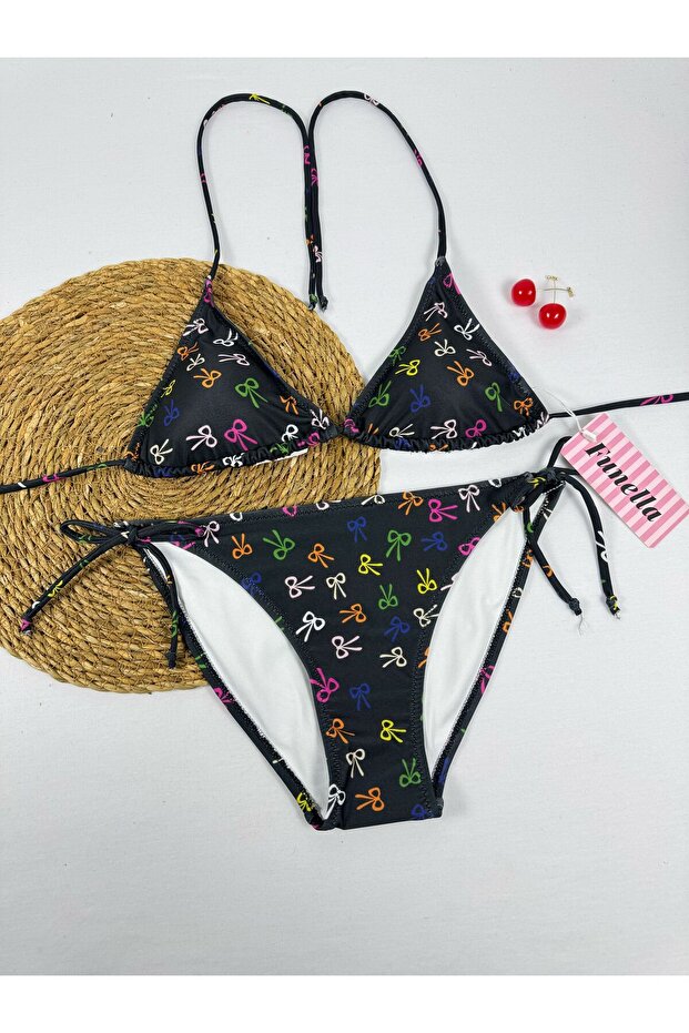 القوس الأسود الملون منقوشة الرسن الرقبة مجموعة بيكيني مثلث أنيق - 2