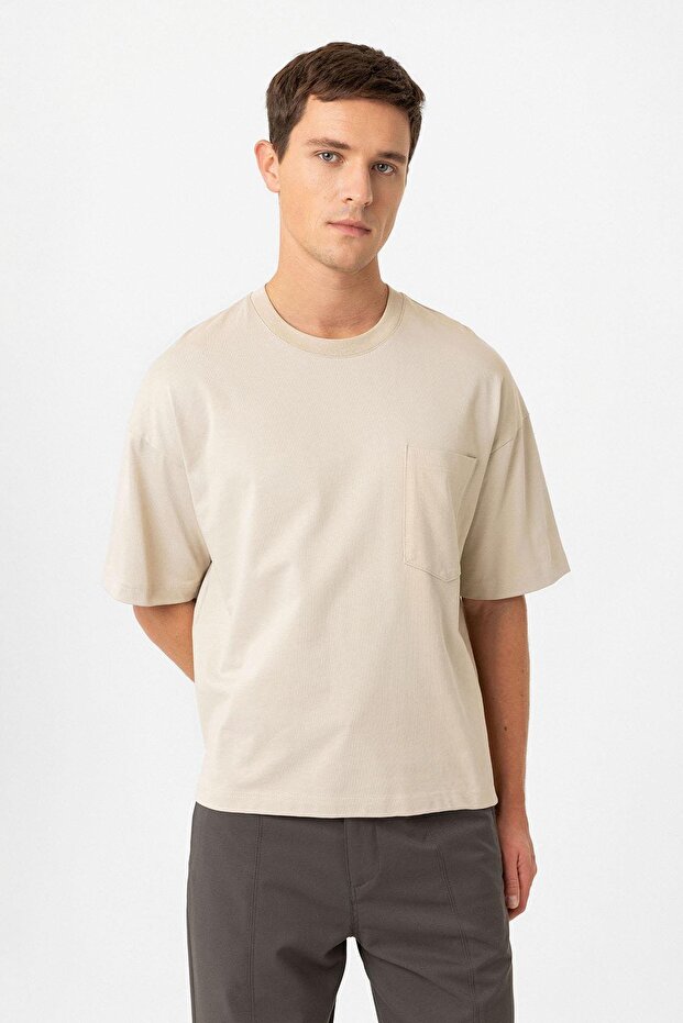 Bej Relaxed Basic Erkek T-Shirt - 1