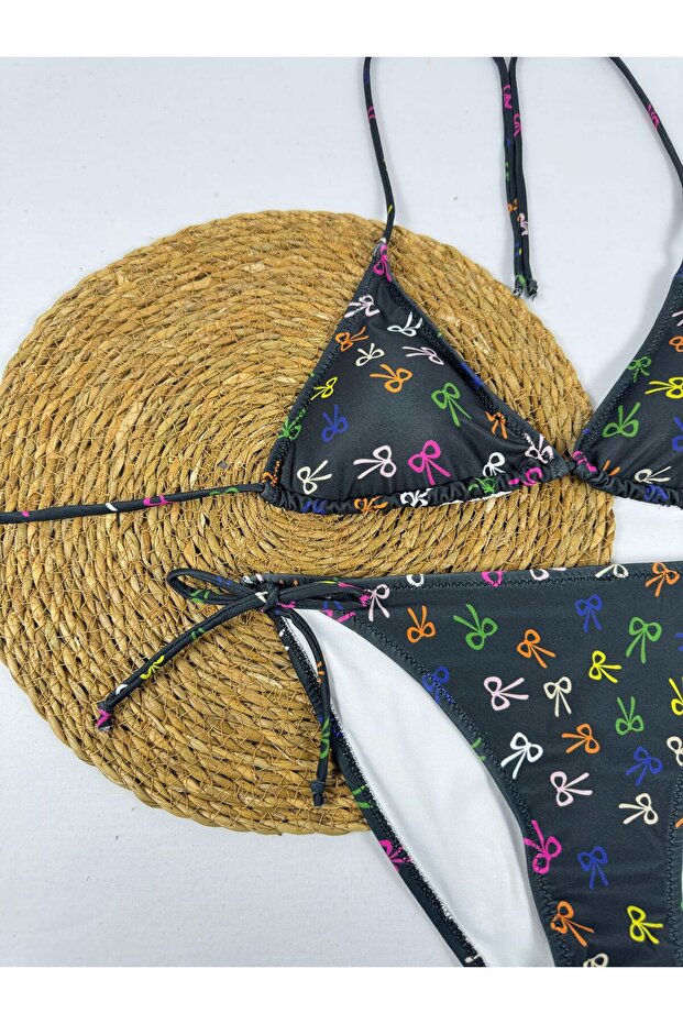 القوس الأسود الملون منقوشة الرسن الرقبة مجموعة بيكيني مثلث أنيق - 4