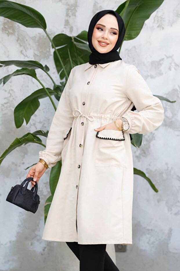Trench Coat with Buttoned Pocket Embroidered Detail