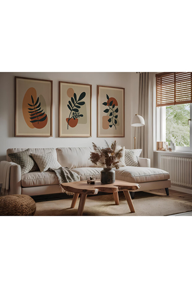 3'lü Ahşap Çerçeveli Tablo Seti Leaf Boho