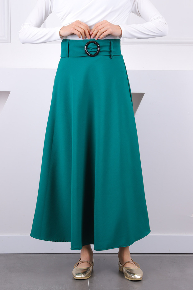 Emerald Green Flared Skirt with Waist Belt