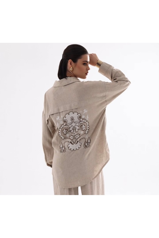 Organic Linen Back Detailed Embroidery Embroidered Loose Fit Shirt