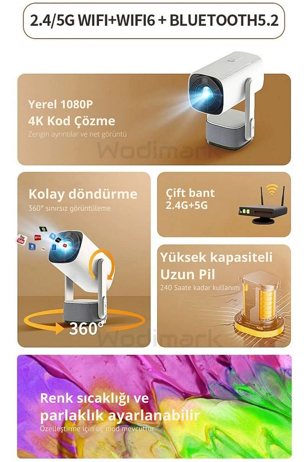 Şarjlı 4K Destekli Taşınabilir Ev Sinema Projeksiyonu – Android, WiFi, Bluetooth, 3D, 200 ANSI Lümen - 9
