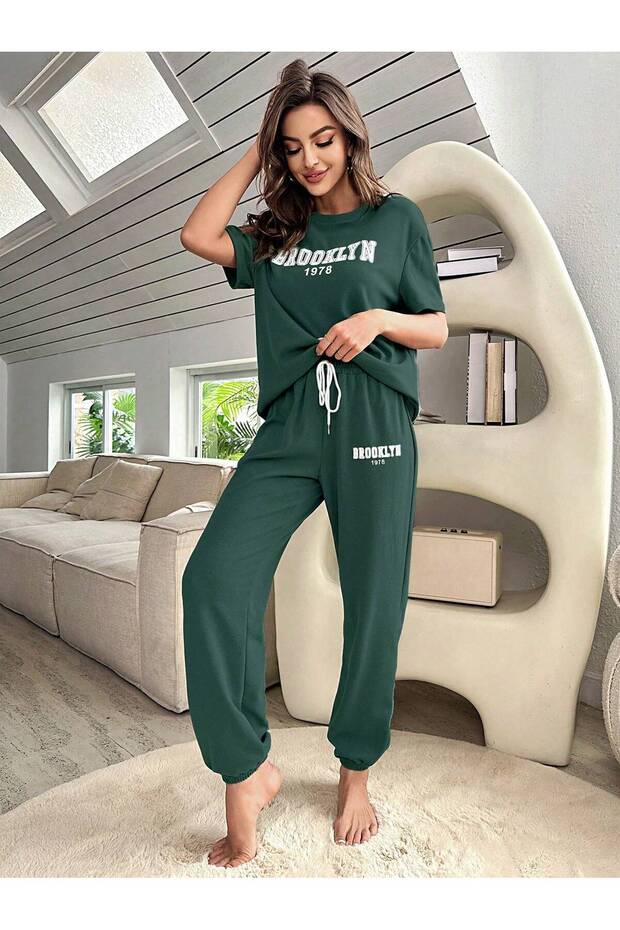 Letter Graphic Drop Shoulder Tee & Drawstring Waist Sweatpants