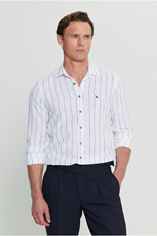 100% Cotton Oxford Slim Fit Slim Fit Klaisk Collar Striped White-Navy Blue Shirt
