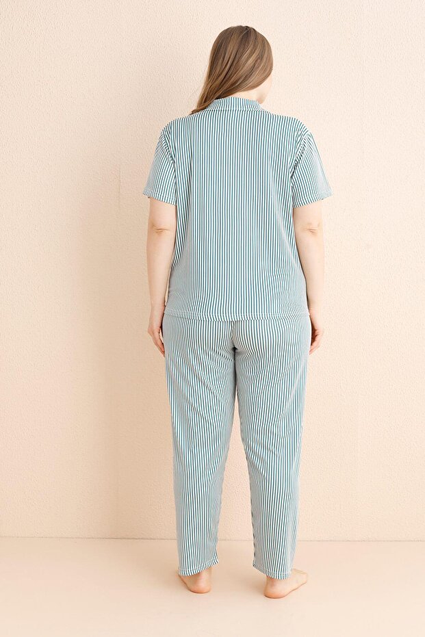 Petrol Opulence Patterned Bamboo Front Buttoned Short Sleeve Large Size Oversize Pajama Set - 3