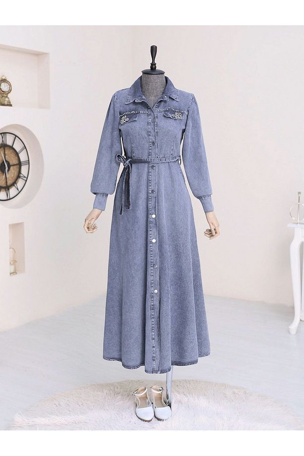 Taş Detaylı Boydan Düğmeli Kot Elbise -indigo - 1