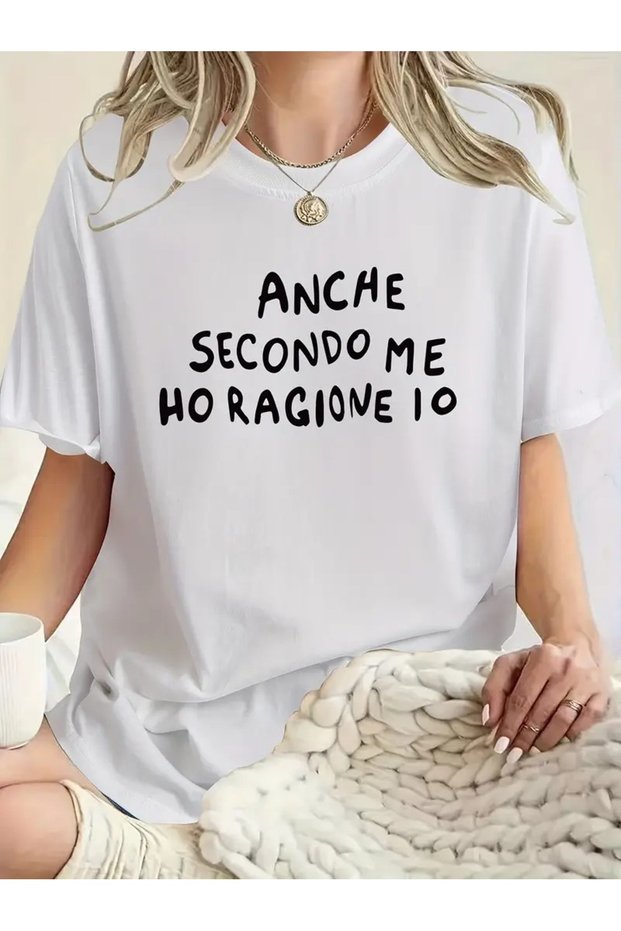 Italian Letter Print Soft Short Sleeve T-Shirt for Women - Casual Crew Neck Top