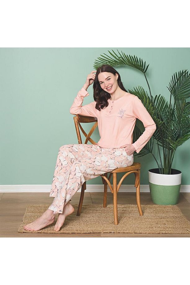 Over Sleep 1809 Kadın Uzun Kol Modal  Dört Mevsim Pijama Takım - 1