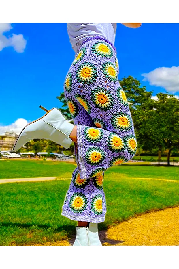 Ay Çiçeği Motifli  Tığ İşi  Pantalon, Plaj Modası,  Plaj Kıyafeti, El Örgüsü Pareo - 1