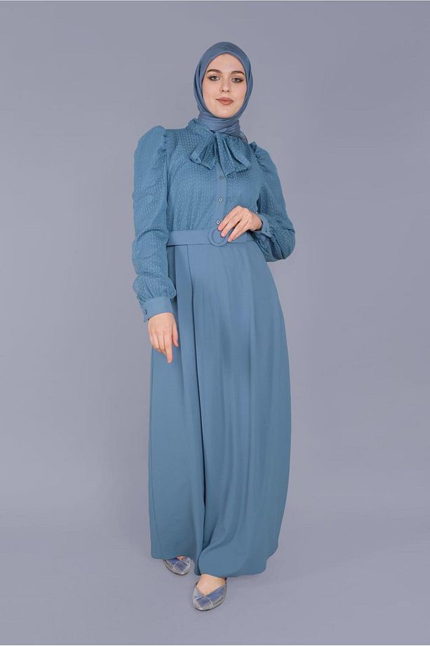 YAKASI BAĞCIKLI TÜLLÜ ELBİSE 41428 - 2