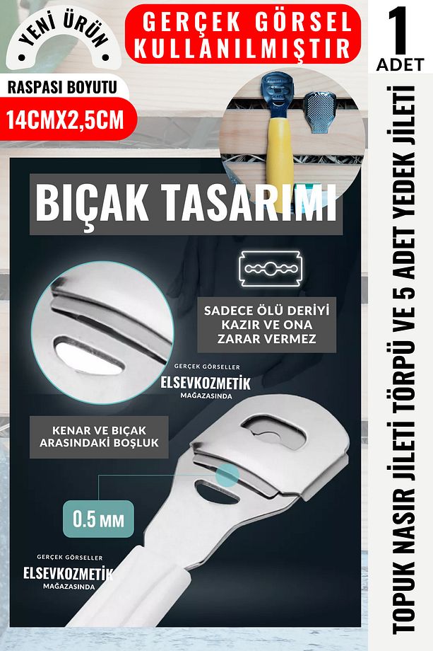 Topuk Nasır Jileti Törpü ve 5 Adet Yedek Jileti,Ayak Topuk Raspası, Pedikür,Topuk Törpüsü - 5